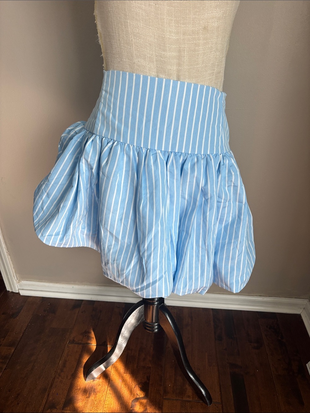 Striped Light Blue Circle Skirt with High Waist